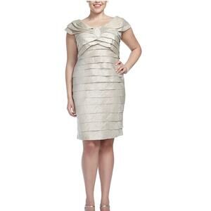 London Times Cap Sleeve Ribbon Dress w/ Pearl Embellishment Size 18W Champagne